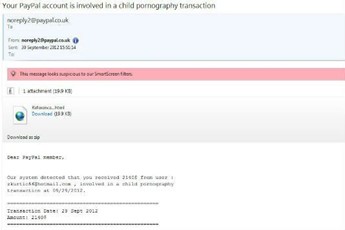 A scam email, supposedly from PayPal, claming the recipient has received money from a child pornography transaction
